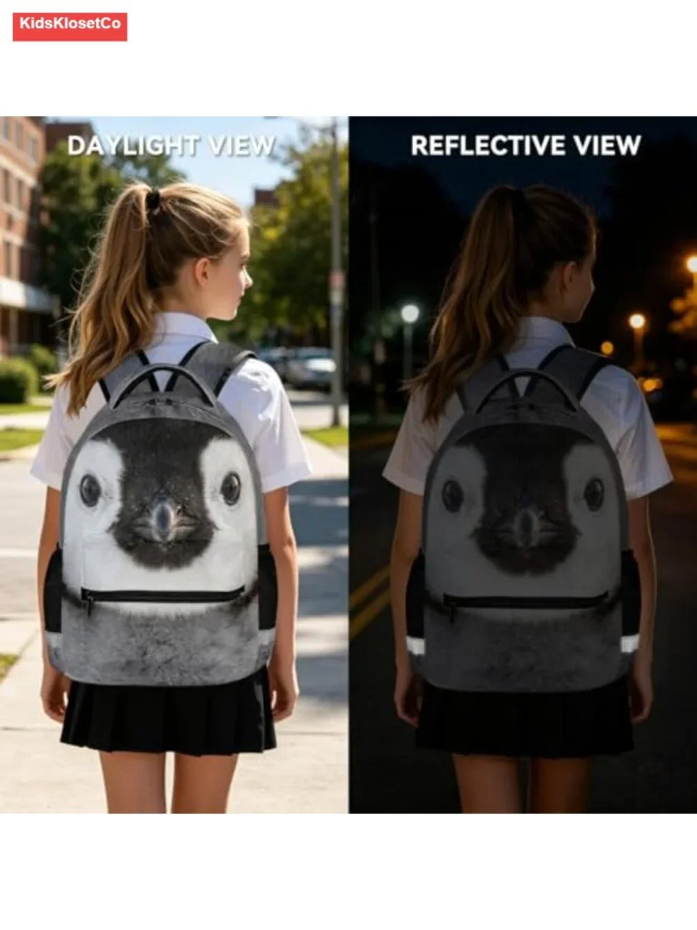 Penguin Backpack for Kids Arctic Animal Face School Bag with Reflective Safety